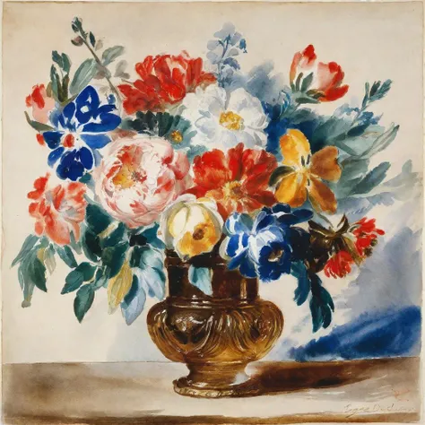 a watercolor bouquet of flowers, watercolour study by DLCRX, Eugene Delacroix, oriental