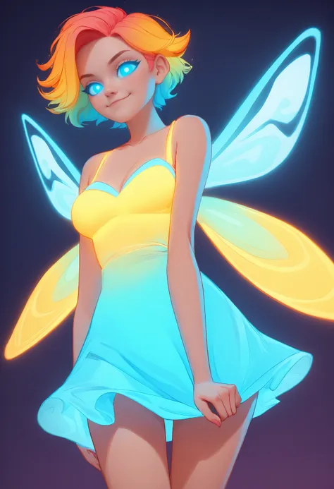 score_9_up, score_8_up, score_7_up, source_cartoon, night sky, pixie, glowing-neon-butterfly-wings, ((glowing-neon-dress)), glow...