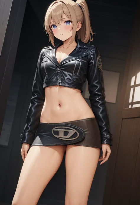 anime masterpiece, 1girl, age20, hair ponytail, diesel belt skirt, leather jacket, navel, ideal legs, ideal face, ideal body, extremely detailed, 4k, hdr, <lora:BT_Diesel_Belt_Skirt_XL:0.7>