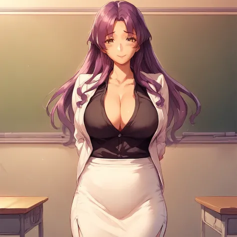 score_9, score_8_up, score_7_up, source_anime BREAK cowboy shot, hetero, indoors, classroom, 1girl, solo, female focus, mature female, long hair, purple hair, parted bangs, sidelocks, brown eyes, looking at viewer, blush, smile, breasts, cleavage, collarbo...