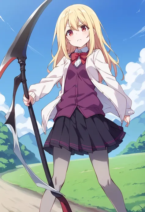 score_9, score_8_up, score_7_up, source_anime BREAK
amane lily, 1girl, blonde hair, solo, long hair, red eyes, looking at viewer, day, outdoors, black skirt, grey legwear, long sleeves, blue sky, scythe, closed mouth, holding scythe, v-shaped eyebrows, sta...