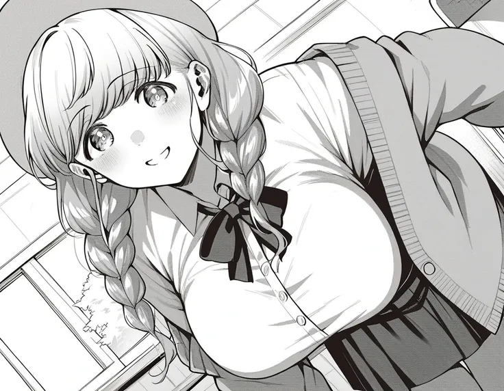 score_9, score_8_up, score_7_up, source_anime,
heriohanamori, <lora:herio-hanamori-manga-ponyxl-lora-nochekaiser:1>,
hanamori, long hair, bangs, braid, twin braids, large breasts, monochrome, greyscale,
skirt, shirt, hat, cardigan,
indoors, classroom, bent...