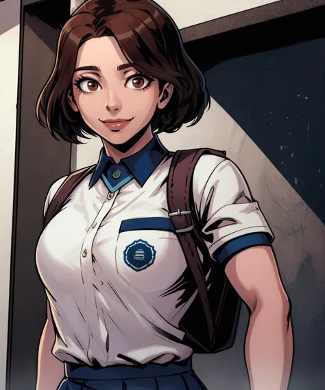 mina,brown eyes,short hair, 
short sleeves,skirt,backpack,white  collared shirt,school uniform,  light smile, 
hallyway,dim lighting, 
(insanely detailed, masterpiece, best quality),solo,<lora:Mina:0.8>,