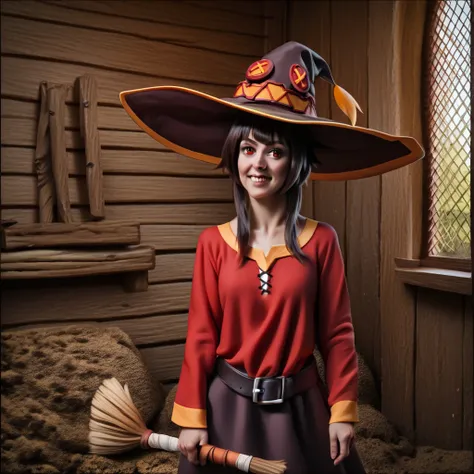 score_9, score_8_up, score_7_up, score_6_up, score_5_up, score_4_up, rating_safe,tpdne,photorealistic,realistic,portrait of megumin wearing a withc hat and holding a broom inside of a mud hut,1girl,solo,indoors, <lora:ThisPersonDoesNotExistPony:1>