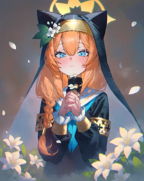 betabeet, 1girl, solo, flower, animal ear headwear, blue eyes, nun, mari (blue archive), long hair, holding, holding flower, orange hair, habit, white flower, looking at viewer, bangs, braid, long sleeves, upper body, parted lips, blush, hair between eyes,...