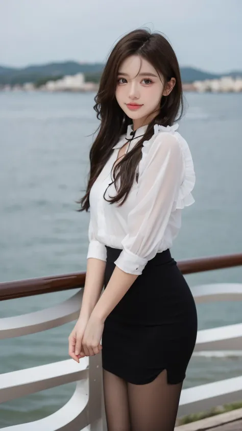 (masterpiece, best quality:1.2),bright colors,solo,photo_,(1girl:1.3),(standing:1.3),(looking at viewer:1.4),Elegant,detailed gorgeous face,(cowboy shot:1.1),realistic,seaside background,,MIS,pencil skirt,shirt,thighhighs,frills,<lora:MIS64:0.75>