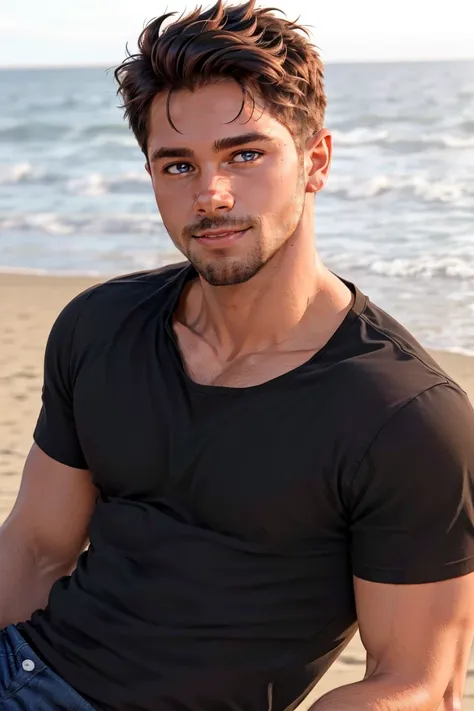 (masterpiece, best quality:1.2), man, smirk, (depth of field:1.1), photo of person, brown eyes, black t-shirt, denim pants, (medium shot), at the beach, masterpiece, highness, perfect face, perfect picture, detailed eyes, sharp focus,High detailed view<lor...