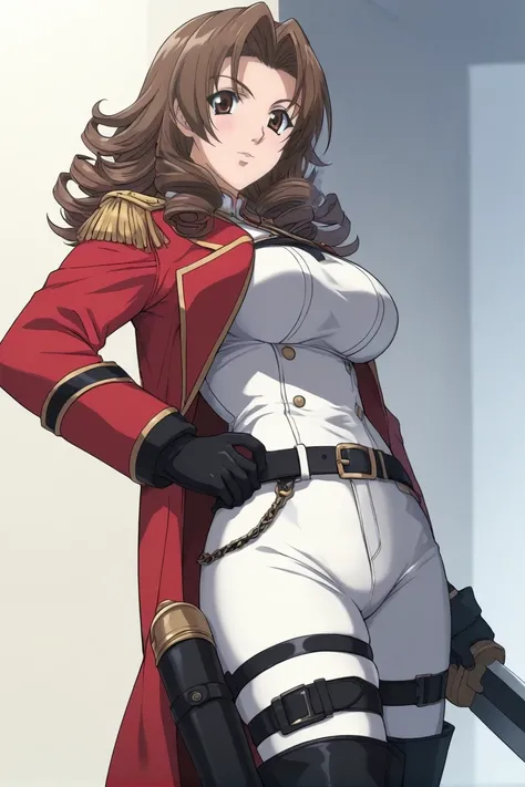 best quality,masterpiece,looking at viewer,absurdres,1girl,score_9,score_8_up,score_7_up,source_anime BREAK 1girl,belt,black belt,black footwear,black gloves,bodysuit,boots,breasts,buckle,coat,cowboy shot,epaulettes,fringe trim,gloves,holding,holding sword...