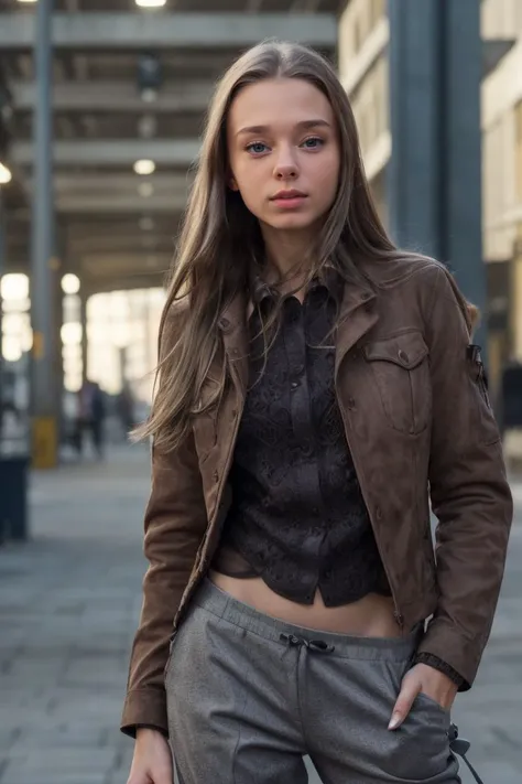 photo of S423_MilenaAngel,a stunning woman,in an (industrial-area:1.1),wearing a (jacket:1.1),(shirt),(pants),(4k, RAW photo, best quality, 50mm, depth of field, ultra high res:1.1),(intricate, photorealistic, cinematic-shot, masterpiece, ultra-detailed:1....