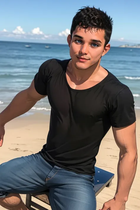 (masterpiece, best quality:1.2), man, smirk, (depth of field:1.1), photo of person, brown eyes, black t-shirt, denim pants, (medium shot), at the beach, masterpiece, highness, perfect face, perfect picture, detailed eyes, sharp focus,High detailed view<lor...