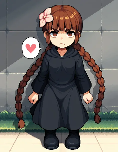 <lora:Grgrkukuri_SDXL_pony_fp16:1>,Grgrkukuri,  blunt bangs,robe, braid, brown eyes, twin braids,brown hair,black robe,boots,hair flower,disgust,spoken heart,pixel art,, score_9, score_8_up, score_7_up, BREAK source_anime, rating_questionable, best quality...