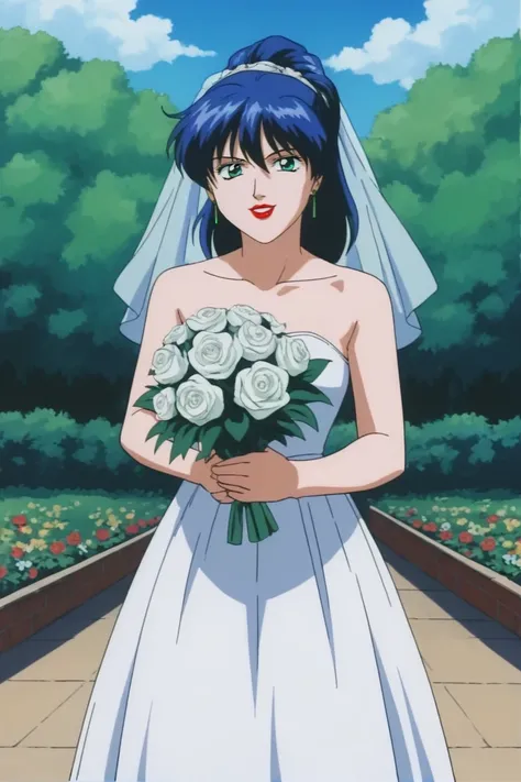 best quality,masterpiece,looking at viewer,absurdres,1girl,score_9,score_8_up,score_7_up,source_anime BREAK <lora:022-ä¸­åå°å½å®¶-åæ©XLV1:0.8>,retro artstyle,1990s (style),shan,green eyes,blue hair,lipstick,makeup,wedding dress,white dress,veil,gard...