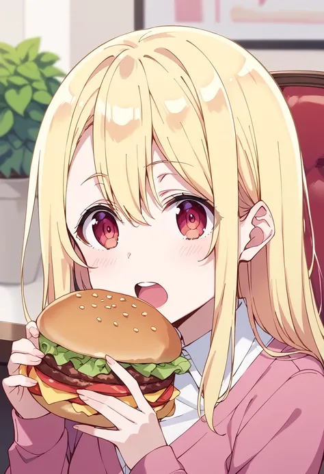 score_9, score_8_up, score_7_up, source_anime BREAK
amane lily, 1girl, blonde hair, solo, burger, long hair, eating, open mouth, holding food, looking at viewer, plant, long sleeves, hair between eyes, chair, red eyes, potted plant, white shirt, upper body...