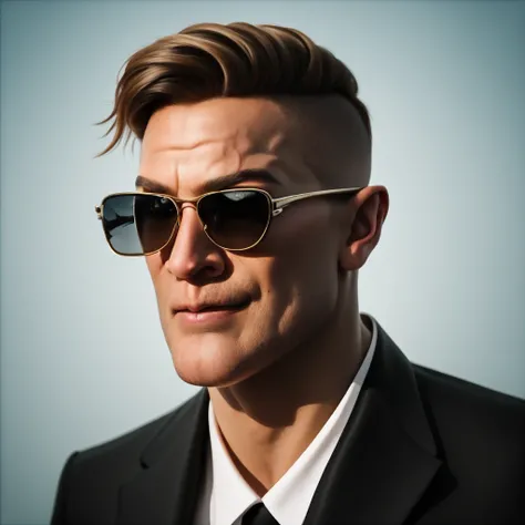 score_9, score_8_up, score_7_up, score_6_up, score_5_up, score_4_up, rating_safe,tpdne,photorealistic,realistic, hyperdetailed photography, soft light, portrait of a read haired man with shaved hair and stubble wearing tuxedo and sunglasses and standing in...