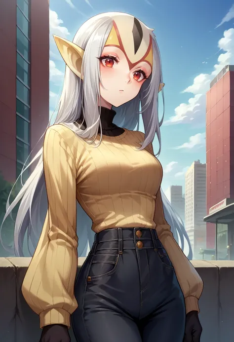 score_9, score_8_up, source_anime, 1girl, solo, Mutio, white hair, long hair, monster girl, multicolored skin, yellow skin, black hands, sweater, ribbed sweater, long sleeves, high-waist pants, outdoors, city, <lora:ChamMutioPonyXL:1>