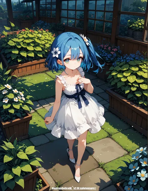 score_10,score_9_up,score_8_up,score_7_up,score_6_up, hadrian, from above,fish eye,standing on one leg, 1 girl,garden,surrounded by flowers,sundress,blue hair,hair flower,hair pin,hand on own chest,big bow,looking at viewer,closed mouth,expressionless,one ...