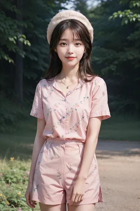 (best quality, photo realistic, hyper detail, sunlight ) 1girl,solo,brown hair,standing,outdoors,detailed skin,smile,pink collared dress short sleeve,bohemian flowers print,star necklace,cowboy shot,white beret,bokeh,film grain,<lora:IU-v2-02:0.9>,iu,