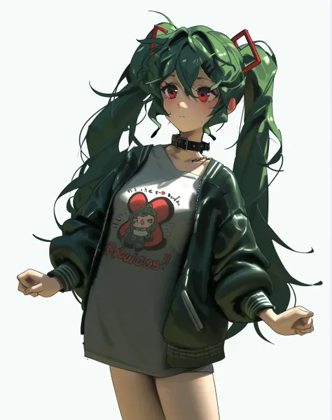 ibara dance,1girl, bunches,long ponytails,miku,Dark green hair, long hair, messy hair, red eyes,fashion,small jacket,T-shirt, black collar, blue hairpin, simple background, white background, standing,