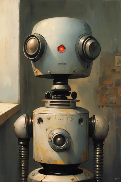 masterpiece,best quality,<lora:tbh161-:0.7>,illustration,style of  Shaun Tan, portrait of Housework robots