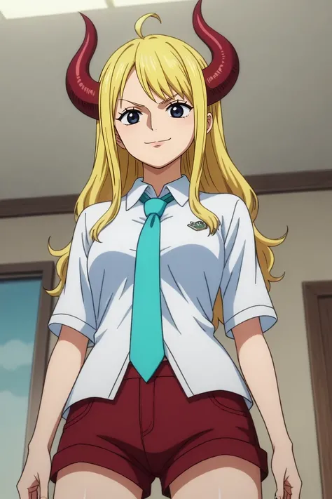 score_9, score_8_up, score_7_up, source_anime, rating_safe, , anime screencap, anime coloring, official style, , , 1girl, black eyes, natural blonde hair, collared shirt, aqua necktie, burgundy shorts, short shorts, demon horns, demon tail, solo, from belo...