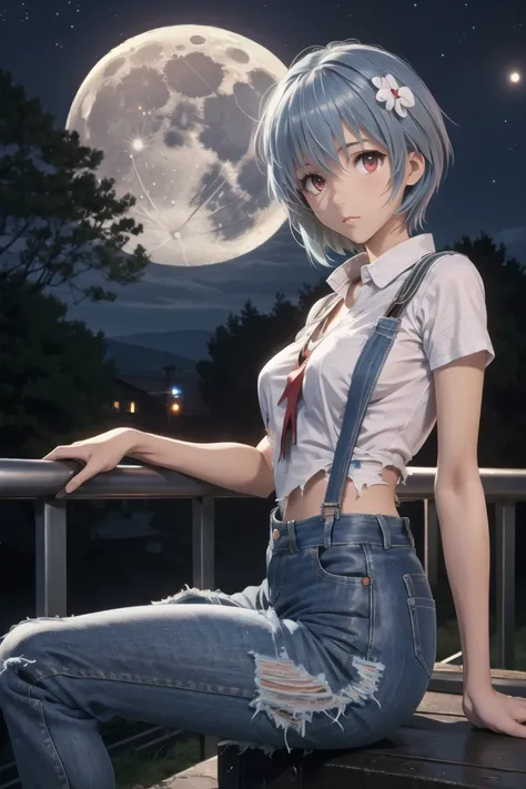 (masterpiece),best quality,1girl,ayanami rei,solo,blue hair,short hair,red eyes,torn clothes,sitting,moon,breasts,shirt,hair ornament,torn pants,looking at viewer,pants,suspenders,night,outdoors,denim,white shirt,casual,