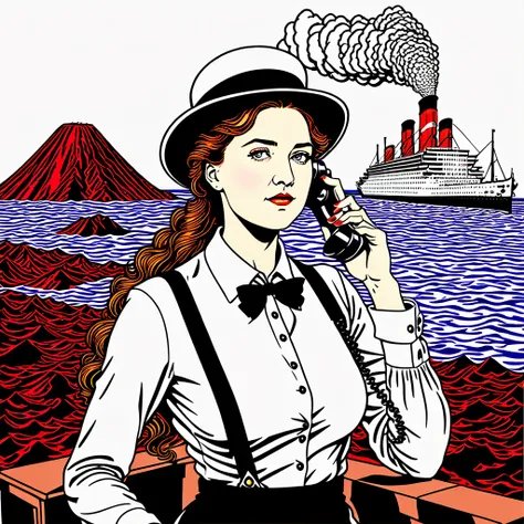 titanic, volcano, phone, business woman, tophat