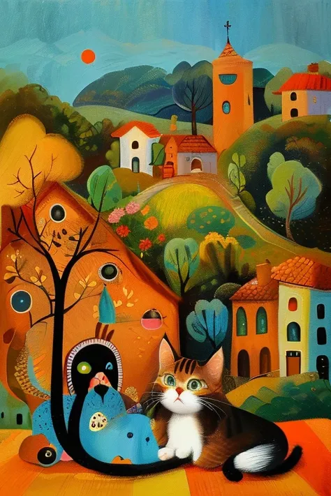 masterpiece,best quality,<lora:tbh165-:1>,illustration,style of Iwona Lifsches, cute Mainecoon cat and Abyssinian cat