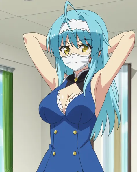 1girl,solo,anime screencap,
<lora:YukiNonaka_16XL:0.8> yuki_nonaka, blue hair,  yellow eyes, breasts, 
long hair,mask