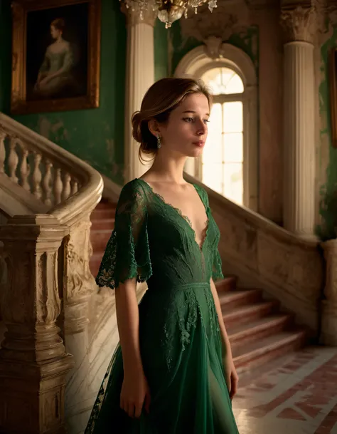 Captured by a talented photographer, she emanates effortless sophistication in her elegant emerald gown, as an aura of poised grace envelops the young woman standing with confidence on a grand staircase, its soft warm lighting creating an ethereal ambiance...