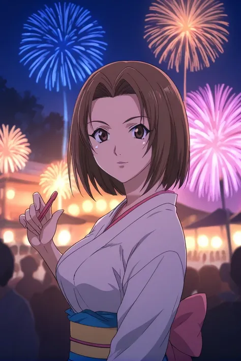 best quality,masterpiece,looking at viewer,absurdres,1girl,score_9,score_8_up,score_7_up,source_anime BREAK Kimono, fireworks, hairpins,aerial fireworks,festival,japanese clothes,summer festival,,<lora:020-å¤©ä¸å¤©ä¸-é´»ãæ± åç§XLV1:0.8>,kounoike chi...