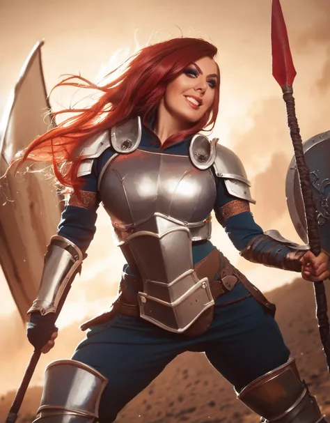 score_9, score_8_up,  1 girl,  <lora:Jessica_Nigri_Cosplayer:1> Jessica Nigri, score_9, (((cowboy shot))), (((dynamic pose))), (((dynamic angle))),   plate armor,  red hair, long hair, shield, spear, makeup, smirk,