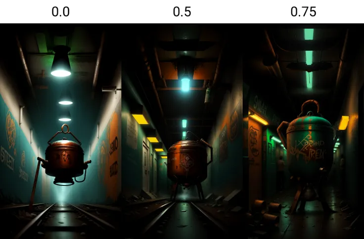 <lora:dAIversityLoRA15-PhotoSemiReal:0.0>Realistic digital painting of a dimly lit subway tunnel covered in graffiti, with a witch standing next to a large cauldron, stirring a glowing green potion with a wooden spoon, mist rising from the cauldron, dim or...