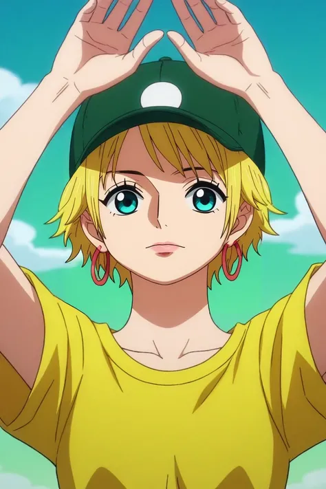 score_9, score_8_up, score_7_up, source_anime, rating_safe, intricate details, (realistic:0.6), , , 1girl, aqua eyes, baseball cap, blonde hair, closed mouth, earrings, green background, hat, hoop earrings, jewelry, looking at viewer, shirt, short hair, si...