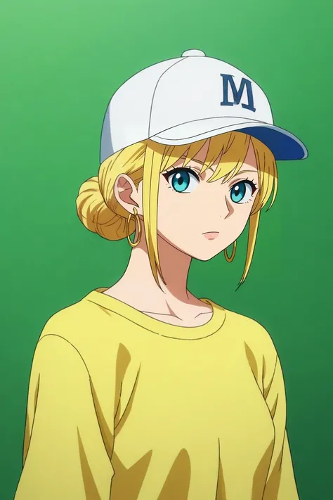 score_9, score_8_up, score_7_up, source_anime, rating_safe, intricate details, anime screencap, , official style, looking at viewer, , 1girl, aqua eyes, baseball cap, blonde hair, closed mouth, earrings, green background, hat, hoop earrings, jewelry, looki...