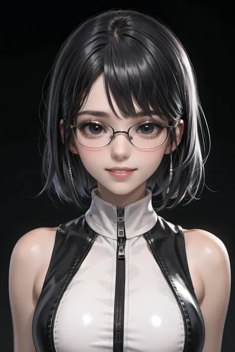 (masterpiece),best quality,1girl, solo, red-framed eyewear, glasses, black eyes, black hair, upper body, looking at viewer, short hair, sleeveless, black background, sleeveless jacket, twitter username, zipper, bangs, smile, shiny hair, simple background, ...