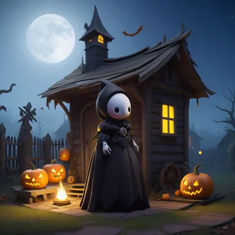 3d dibbls, techno witch next to an eerie spooky shed, night time, moon