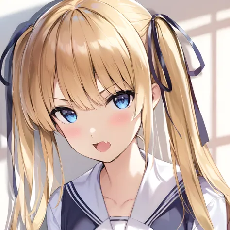 (masterpiece),(best quality),(ultra-detailed),(best illustration),(best shadow),(absurdres),(detailed background),(very aesthetic),sawamura eriri spencer, 1girl, solo, blonde hair, twintails, blue eyes, school uniform, fang, white background, looking at vi...