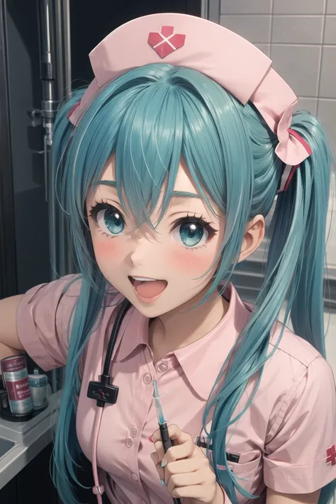 (masterpiece),best quality,1girl,solo,hatsune miku,nurse,twintails,syringe,hat,long hair,aqua hair,nurse cap,blush,open mouth,smile,aqua eyes,nail polish,heart,