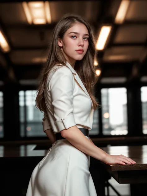 RAW photo, tv_Evelyn_Clark_MXAI , angry expression, wearing a pencil skirt, wearing a dress shirt, wearing a blazer, standing at the edge of a conference table, shot from below, ((cowboy shot)), PA7_Portrait-HL_v2, (((Ultra-HD-details, Ultra-HD-detailed, U...