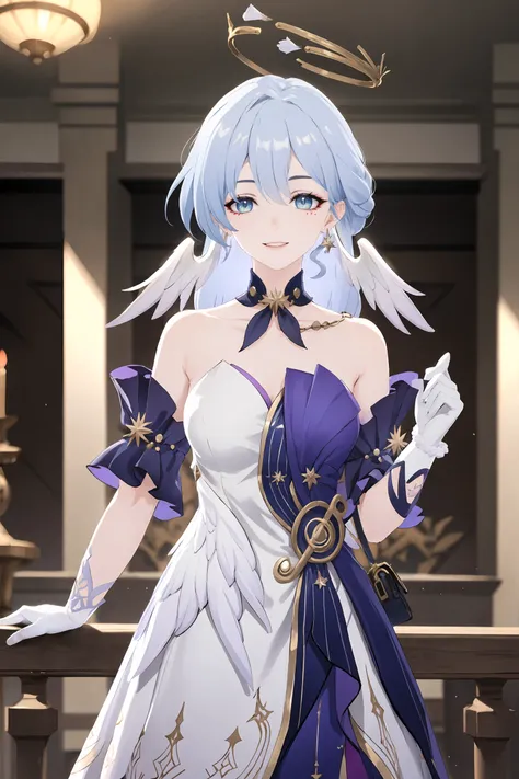 1girl, robin (honkai: star rail), solo, sleeveless dress, halo, white gloves, earrings, detached sleeves, detached collar, head wings, holding handbag, standing, cowboy shot, light smile, looking at viewer, ballroom, indoors, depth of field