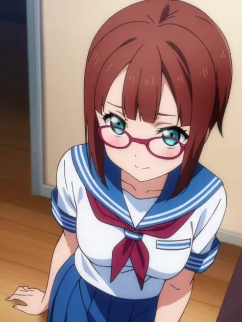 masterpiece, best quality, very aesthetic, absurdres,
kousaka yukiho, brown hair, blue eyes, short hair, <lora:yukiho-sdxl:0.9>,
 serafuku, white shirt, blue collar, blue skirt, red ribbon,
glasses, red glasses, half rim glasses,