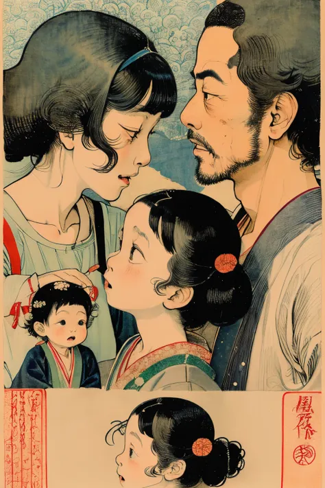 masterpiece,best quality,<lora:tbh162-:0.8>,illustration,style of  Kawanabe Kyosai, portrait of family