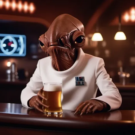 cinematic photo an alien with a strange looking face, star wars, white suit, having a beer in a pub, +++(((text its a tap)))  <lora:AmiralAckbar1024:0.8> . 35mm photograph, film, bokeh, professional, 4k, highly detailed