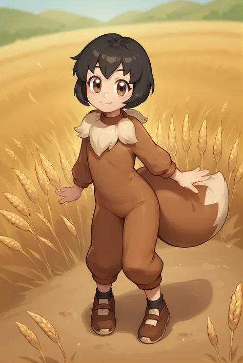 score_9, score_8_up, score_7_up, score_6_up, solo, 1girl, 1pokekid1, black hair, short hair, brown eyes, brown onesie, brown foo...