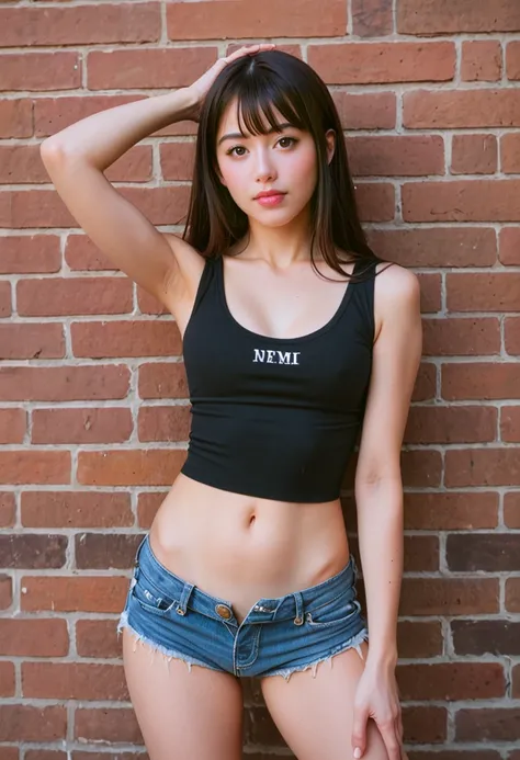 score_9, score_8_up, score_7_up, BREAK , source_real, raw, photo, 
1girl, Japanese netidol, young, slim body, cute pose, POV, black_hair, brick_wall, clothes_writing, cutoffs, denim, denim_shorts, lips, long_hair, looking_at_viewer, realistic, short_shorts...