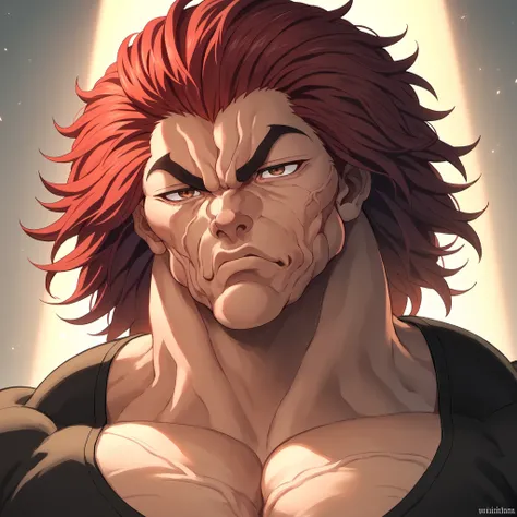 score_9, score_8_up, score_7_up, YujiroHanma, 1boy, male focus, solo, black shirt,muscular male, red hair, manly, veins, pupils, brown eyes, dynamic lighting, extremely detailed,<lora:Char-YujiroHanma-pony:1>portrait, serious expression,very veiny,glare,