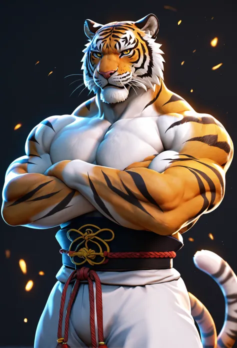 score_9, score_8_up, score_7_up, solo, looking at viewer, simple background, 1boy, animal ears, standing, tail, yellow eyes, male focus, cowboy shot, sash, muscular, crossed arms, black background, furry, furry male, tiger ears, chinese zodiac, body fur, w...