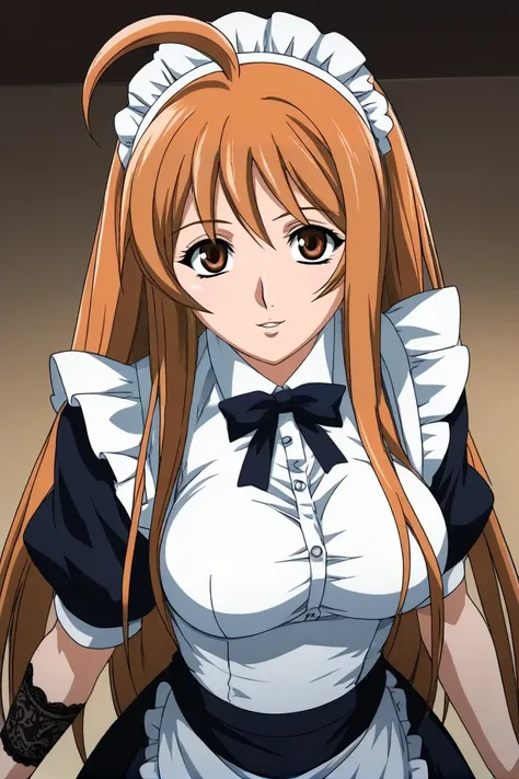 best quality,masterpiece,looking at viewer,absurdres,1girl,score_9,score_8_up,score_7_up,source_anime BREAK <lora:016-å¤©ä¸å¤©ä¸-æ£äºå¤XLV1:0.8>,natsume aya,orange hair,long hair,brown eyes,ahoge,breasts,large breasts,maid,suspenders,pantyhose,lace gl...