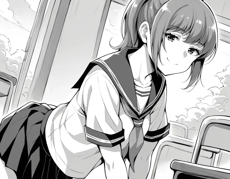 score_9, score_8_up, score_7_up, source_anime,
risaoneechan, <lora:risa-oneechan-manga-ponyxl-lora-nochekaiser:1>,
risa oneechan, medium hair, bangs, ponytail, monochrome,  greyscale,
skirt, shirt, school uniform, white shirt, short sleeves, pleated skirt,...