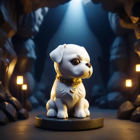 3d dibbls, dog statue in a dark cave, highly detailed, spotlights, bokeh